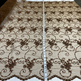 1 Yard - Beaded Lace Fabric Embroidered on 100% Polyester Net Mesh - Ivory - 52"