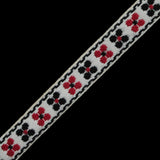 White, Black and Red Floral German Jacquard Ribbon - 0.75"