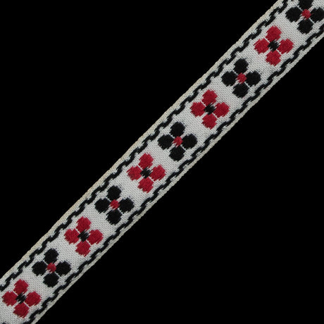 White, Black and Red Floral German Jacquard Ribbon - 0.75"