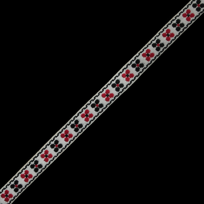 White, Black and Red Floral German Jacquard Ribbon - 0.75"