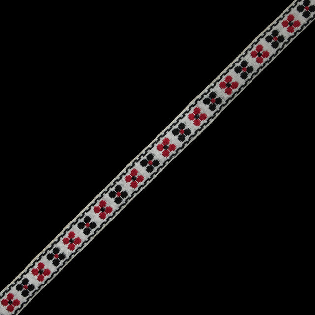 White, Black and Red Floral German Jacquard Ribbon - 0.75"
