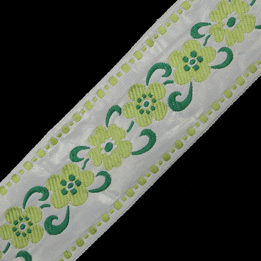 White, Green and Metallic Gold Floral Jacquard Ribbon - 2"