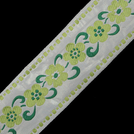 White, Green and Metallic Gold Floral Jacquard Ribbon - 2"