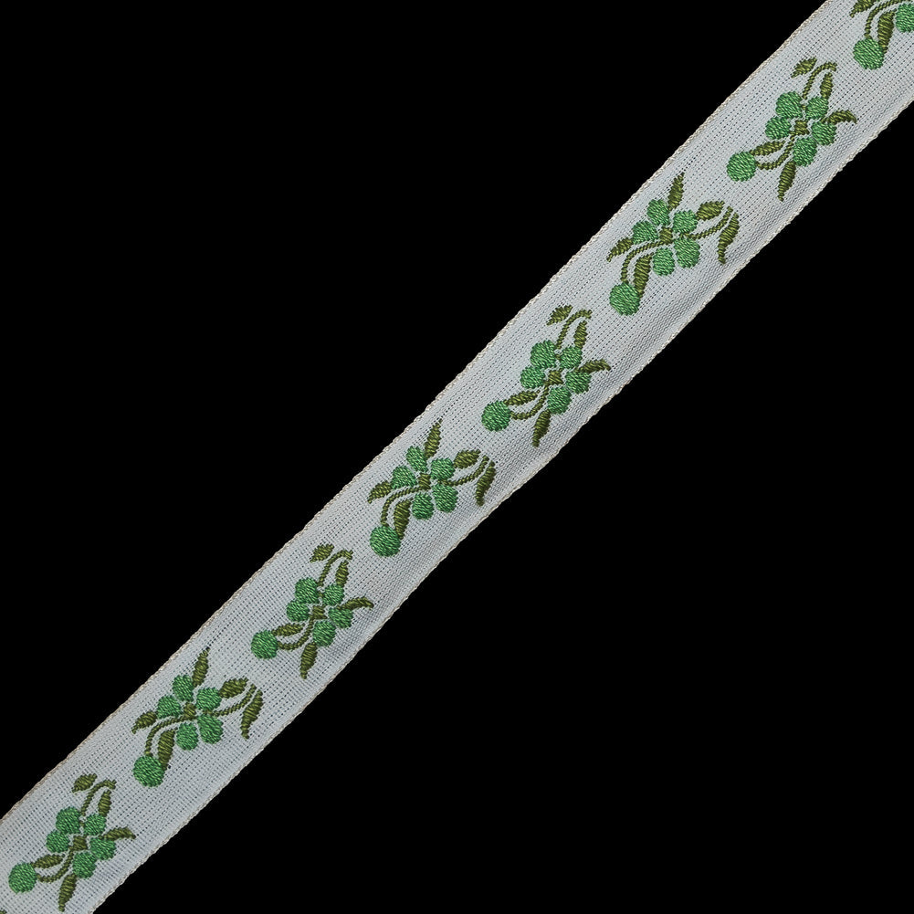 White and Green Floral Jacquard Ribbon - 0.625"