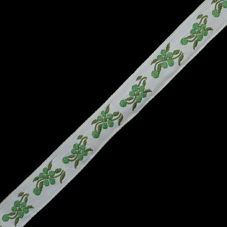 White and Green Floral Jacquard Ribbon - 0.625"