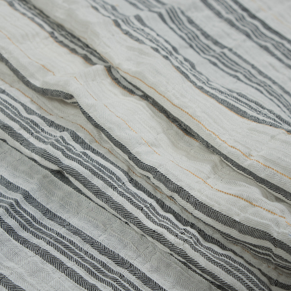 White, Black and Metallic Gold Striped Gauzy Cotton Dobby