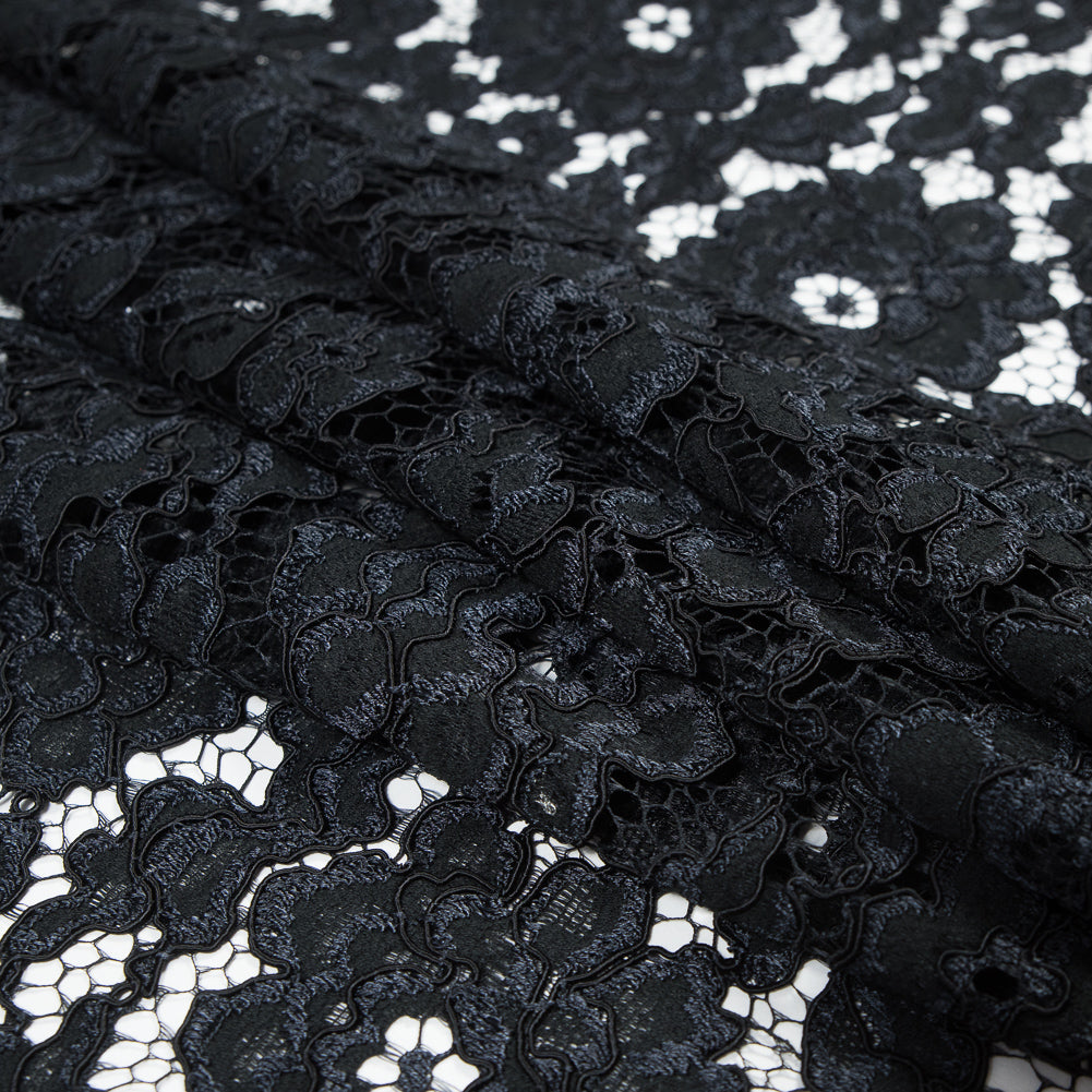 Famous NYC Designer Black Corded Floral Lace with Scalloped Edges