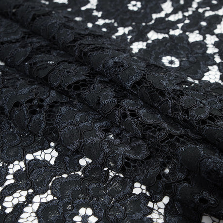 Famous NYC Designer Black Corded Floral Lace with Scalloped Edges