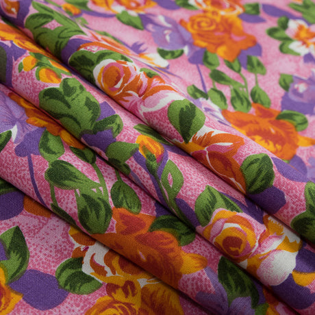 Pink and Orange Floral Printed Linen Woven