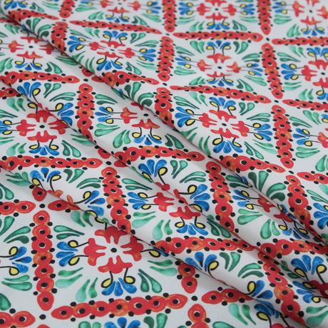 Orange, Green and Blue Diamond Floral Printed Stretch Twill Cotton