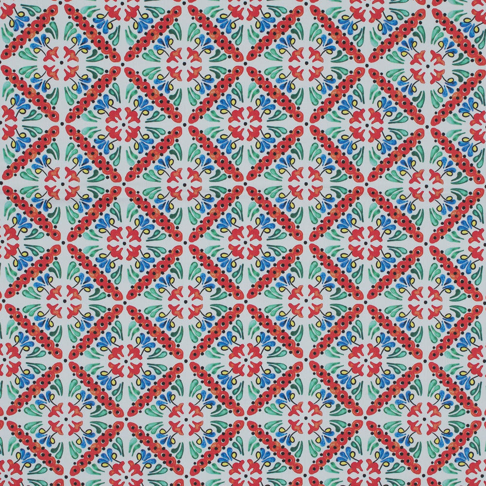 Orange, Green and Blue Diamond Floral Printed Stretch Twill Cotton