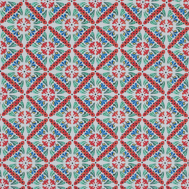 Orange, Green and Blue Diamond Floral Printed Stretch Twill Cotton