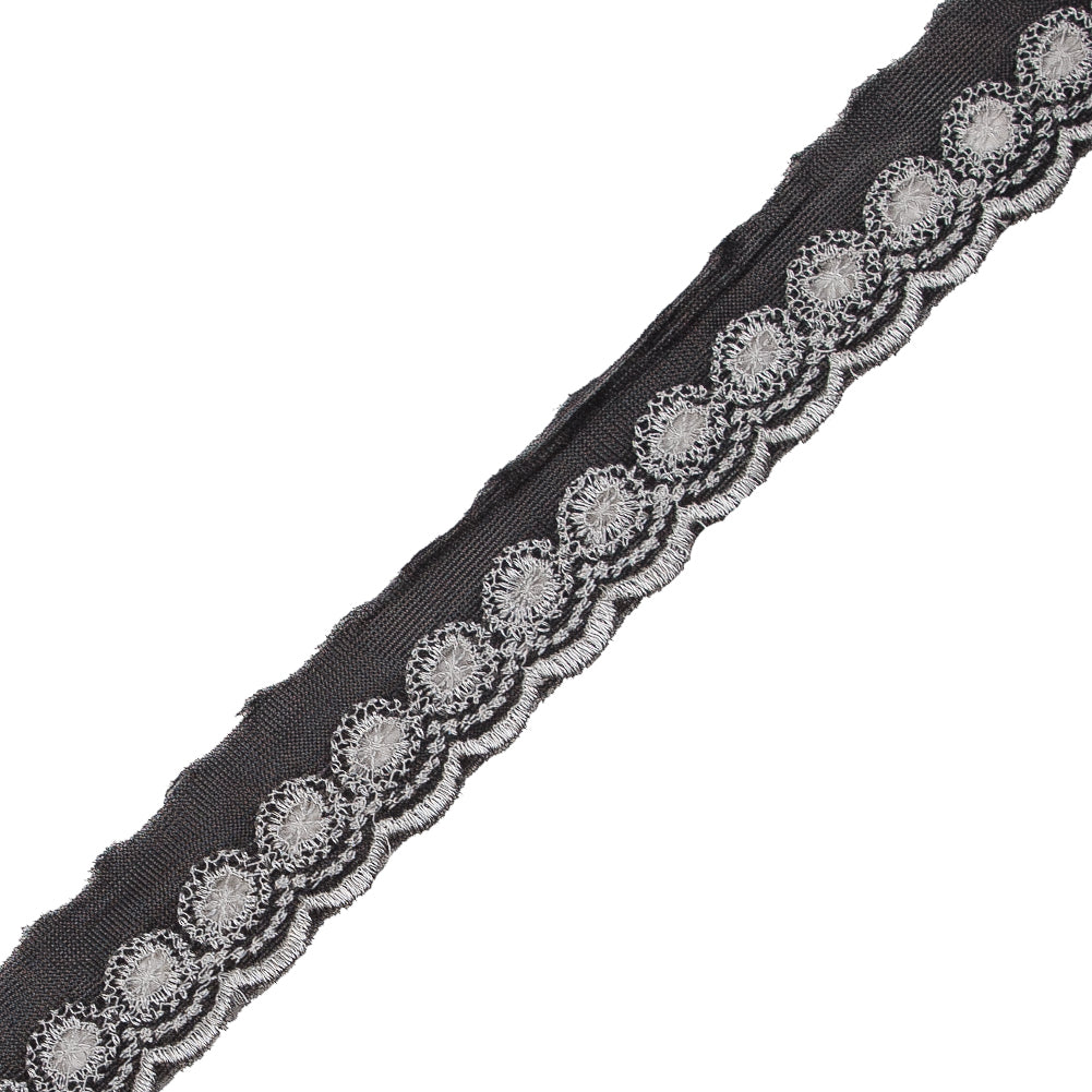 White and Black Embroidered Mesh Trim with a Scalloped Edge - 1"