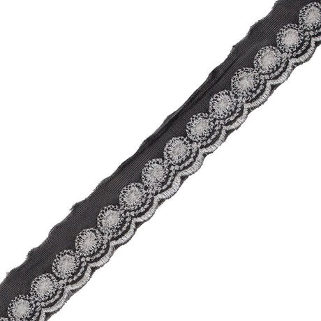 White and Black Embroidered Mesh Trim with a Scalloped Edge - 1"