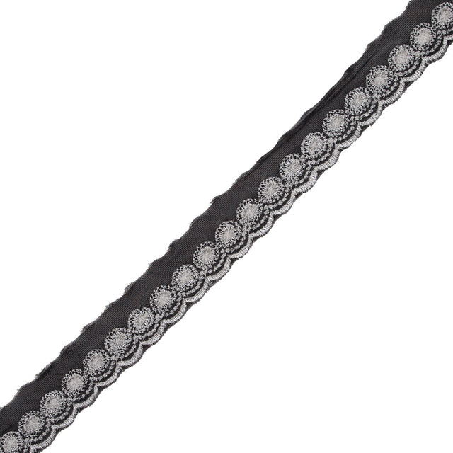 White and Black Embroidered Mesh Trim with a Scalloped Edge - 1"