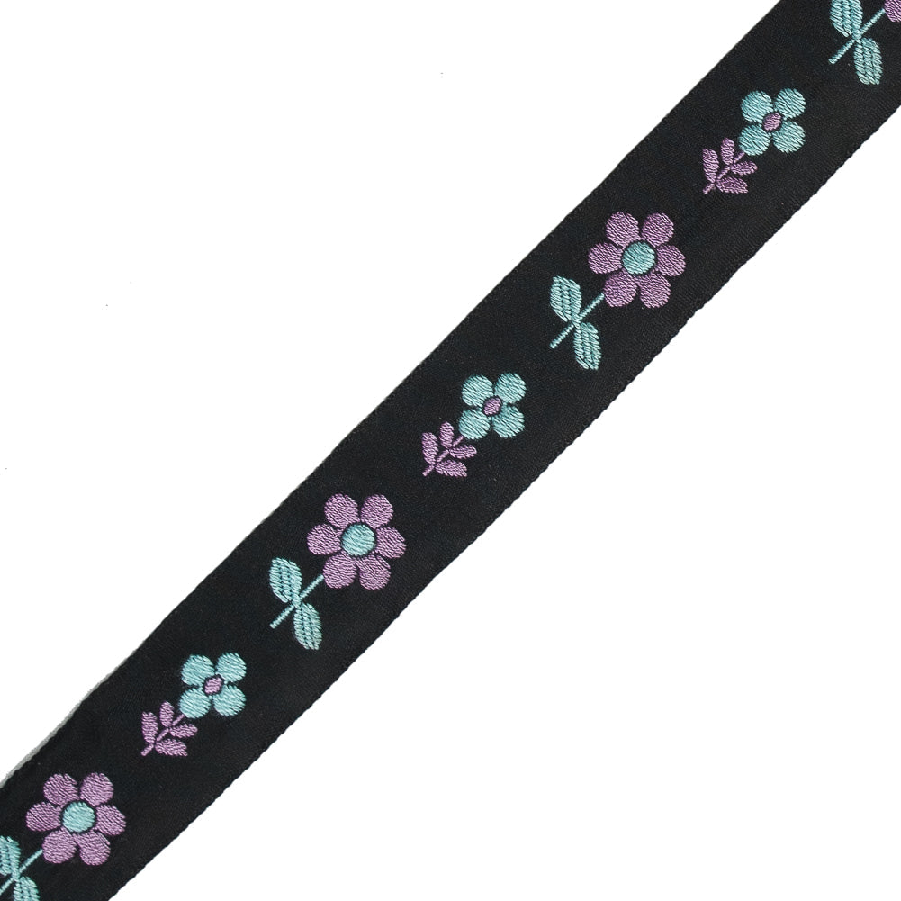 Black, Blue and Purple Floral Jacquard Ribbon - 0.875"