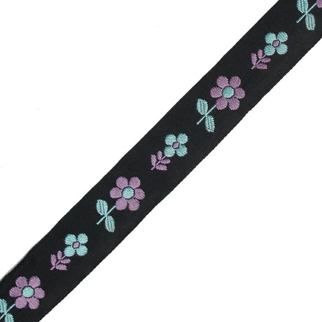 Black, Blue and Purple Floral Jacquard Ribbon - 0.875"