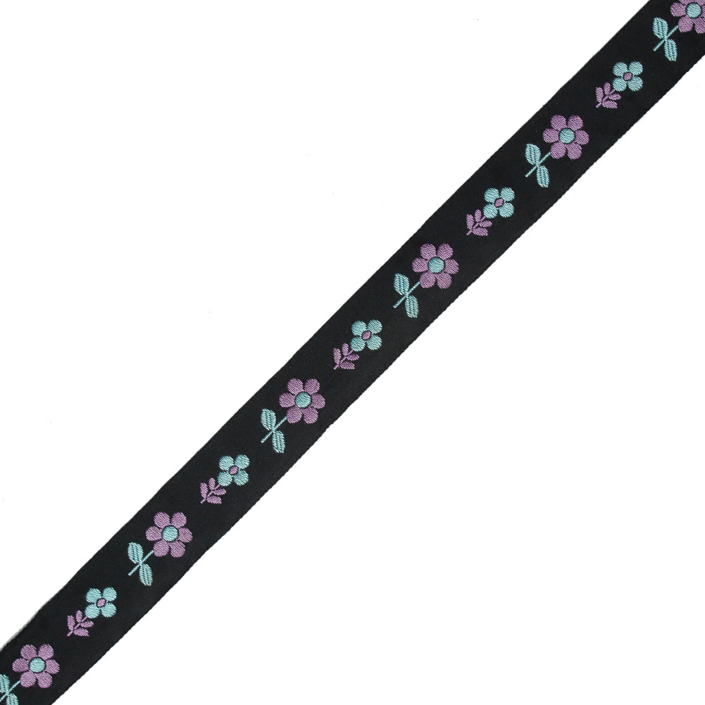 Black, Blue and Purple Floral Jacquard Ribbon - 0.875"