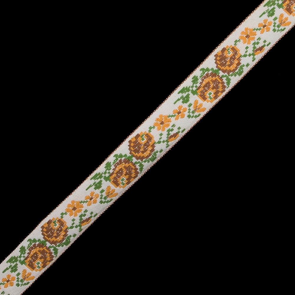 Yellow, Beige and Green Floral German Jacquard Ribbon - 0.75"