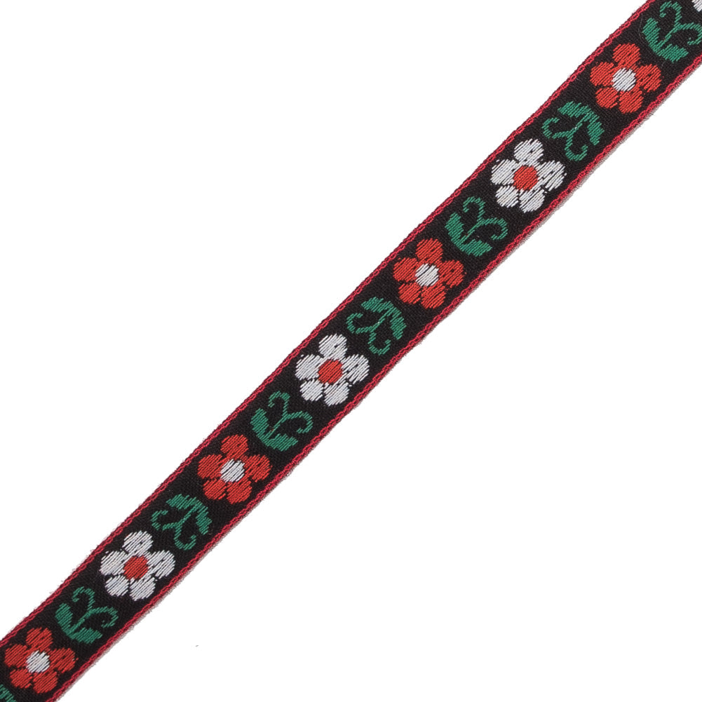 Red, Green and Black Floral German Jacquard Ribbon - 0.5"