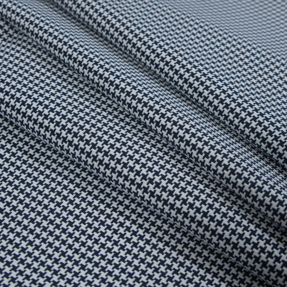 Navy and White Houndstooth Stretch Cotton Woven