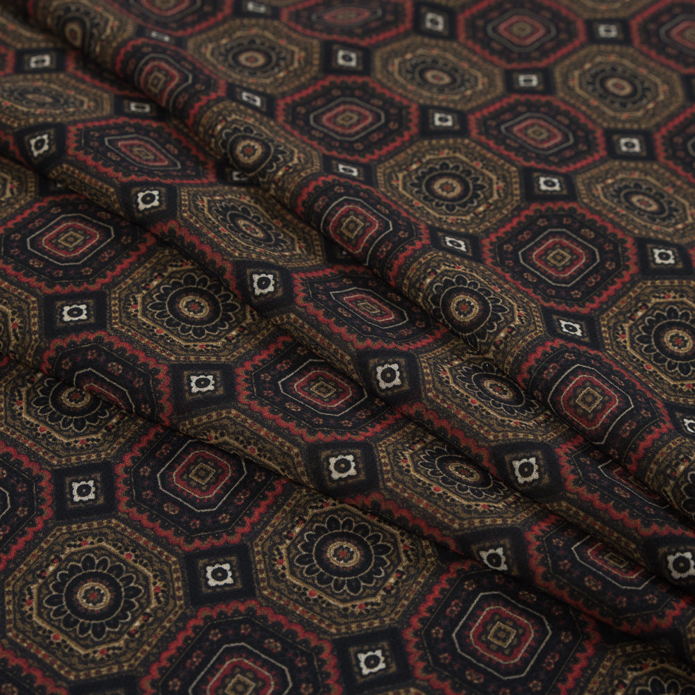 Olive and Red Geometric Polyester Chiffon