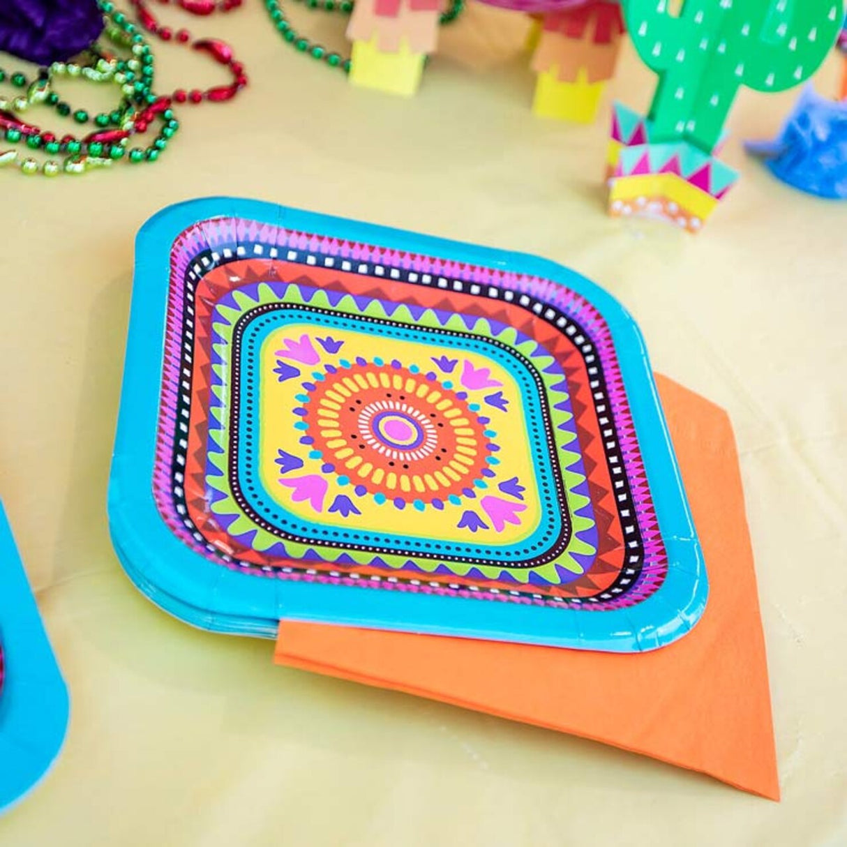 8 Ct. Fiesta Party Square Paper Dessert Plates 7" Colorful Disposable Tableware