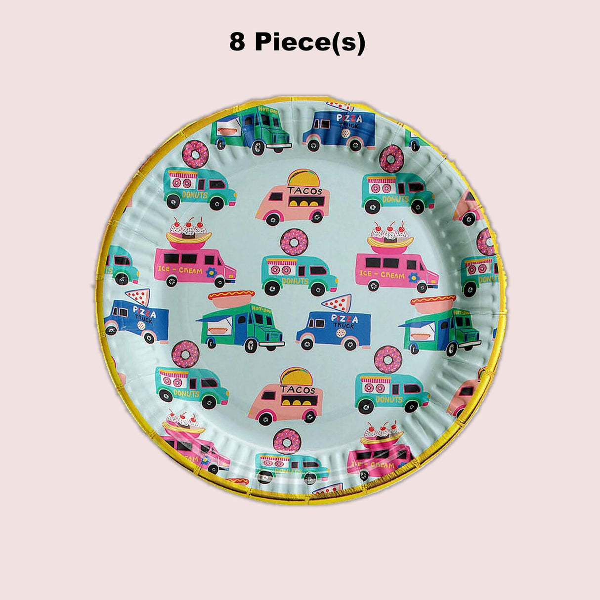 8 Ct. Food Truck Party Paper Dessert Plates Metallic Gold Foil Trim 7"