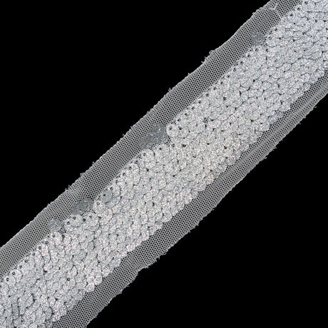 Silver Sequins on White Mesh Trim - 1.25"