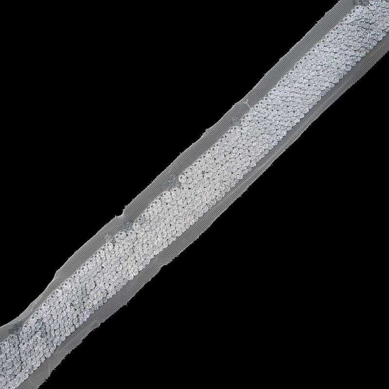 Silver Sequins on White Mesh Trim - 1.25"