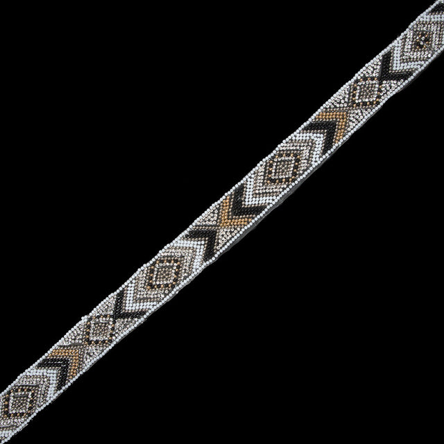White/Black/Silver/Gold "Iron On" Beaded & Rhinestone Trim - 1"