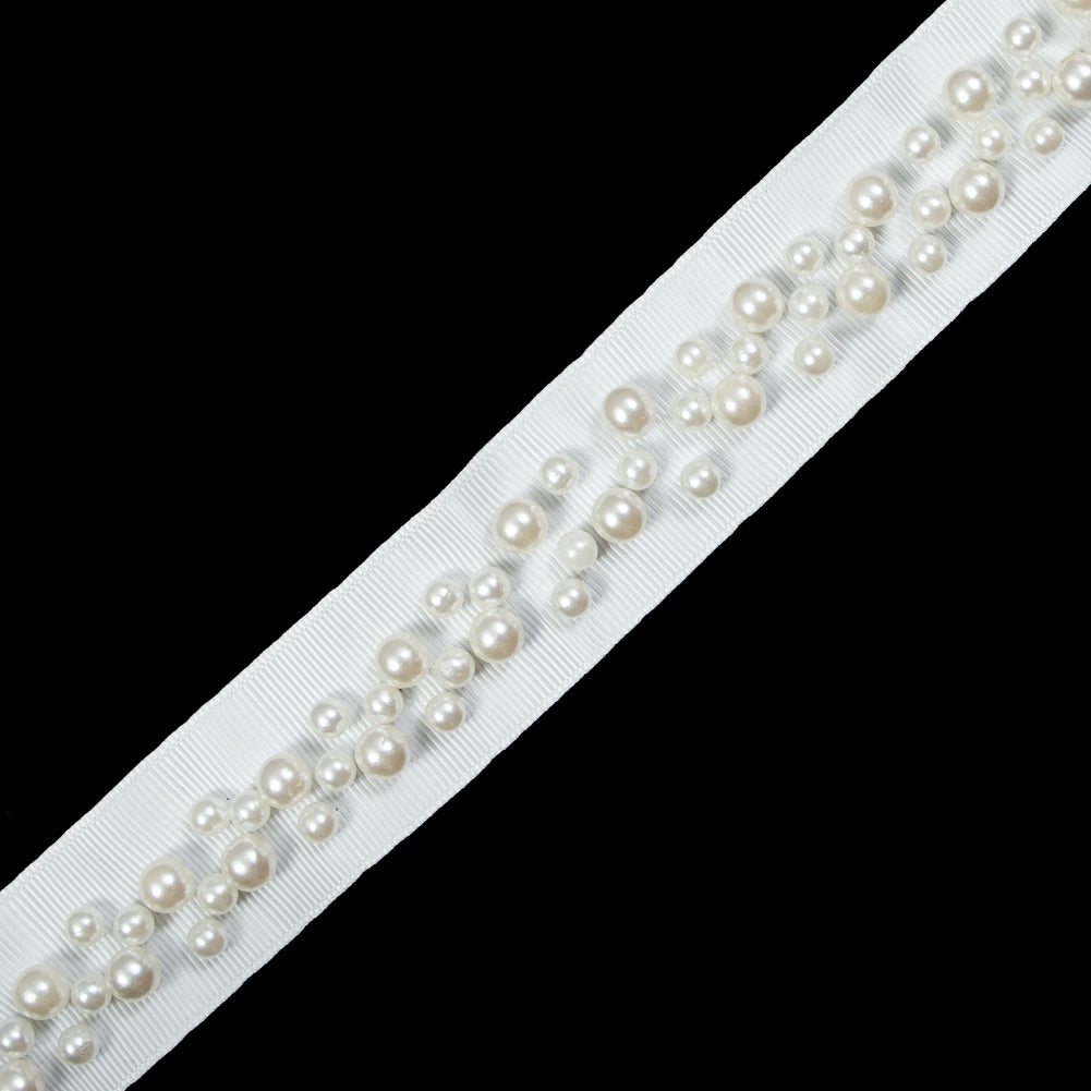 White Grosgrain & White Pearl Beaded Trim - 1.25"