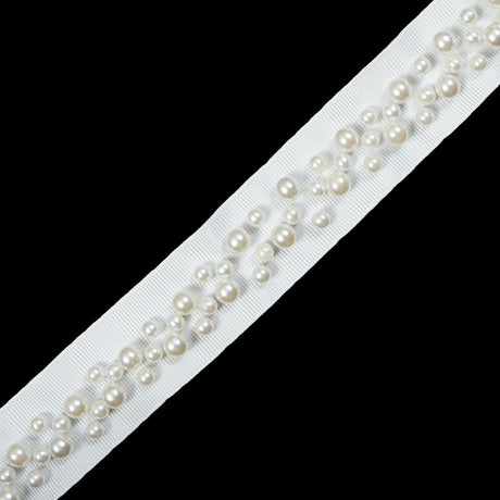 White Grosgrain & White Pearl Beaded Trim - 1.25"