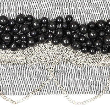 Italian Black Beaded Mesh Trimming with Silver Metal Chains - 3.5"