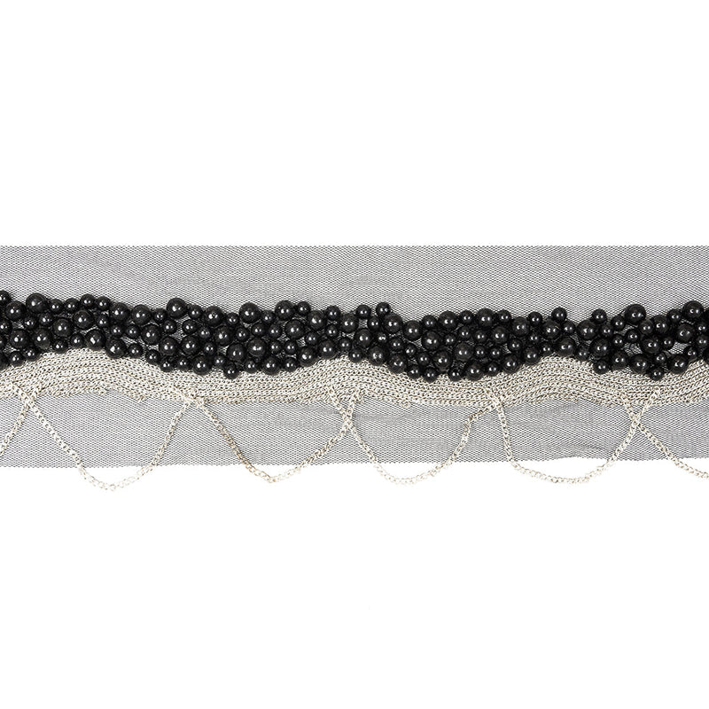 Italian Black Beaded Mesh Trimming with Silver Metal Chains - 3.5"