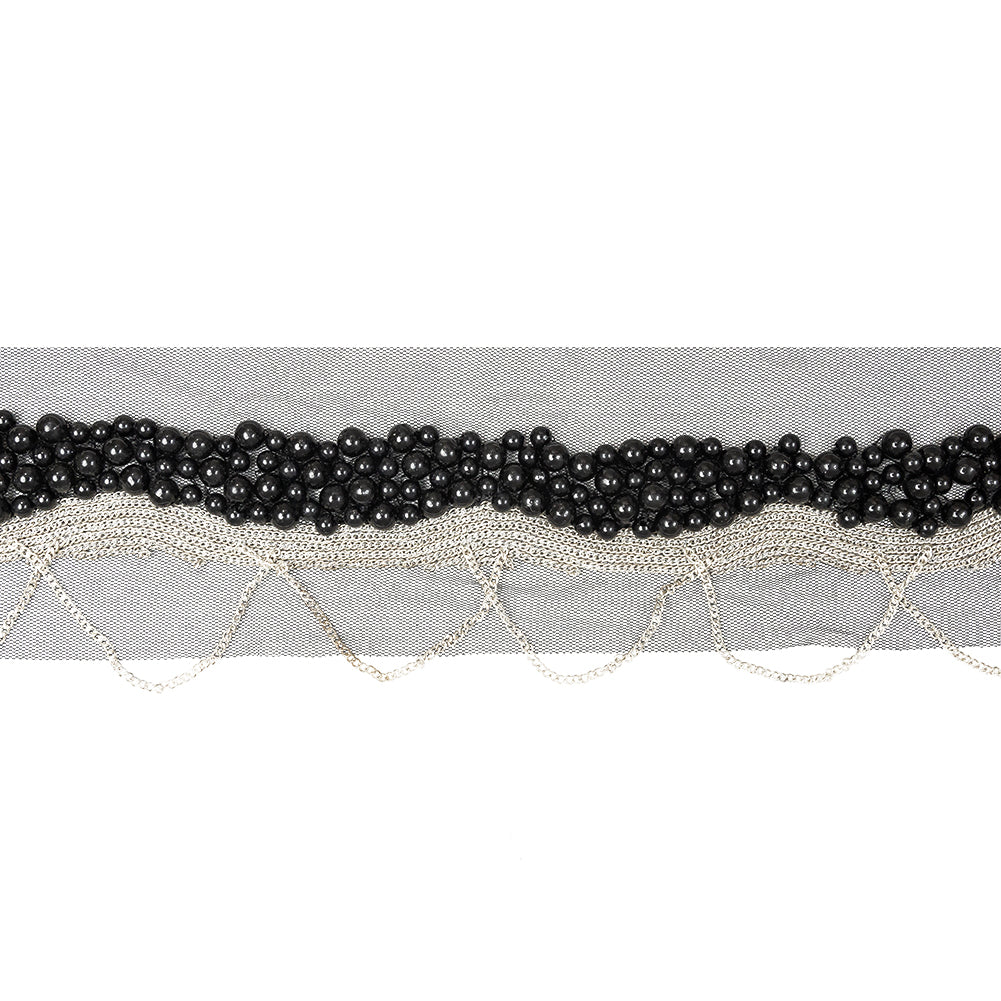 Italian Black Beaded Mesh Trimming with Silver Metal Chains - 3.5"