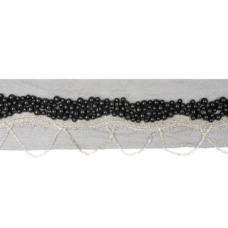 Italian Black Beaded Mesh Trimming with Silver Metal Chains - 3.5"