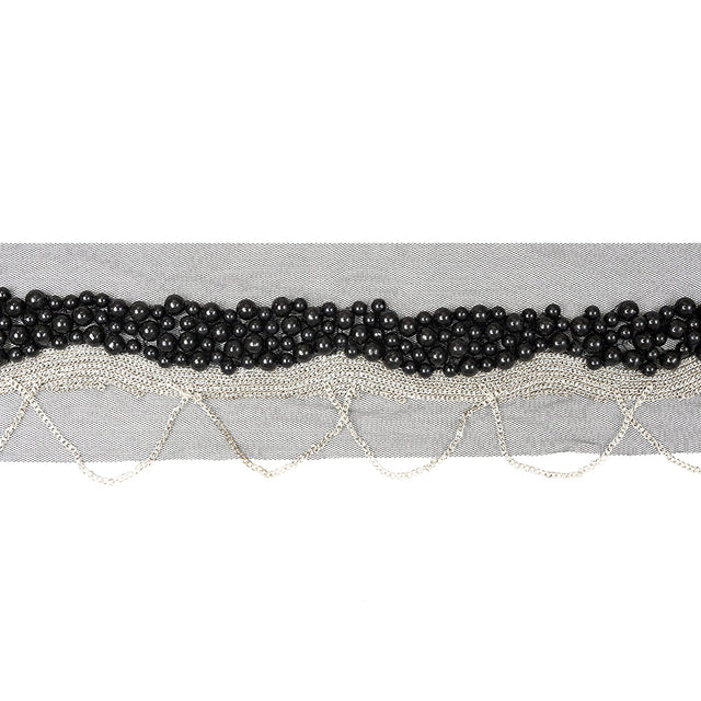 Italian Black Beaded Mesh Trimming with Silver Metal Chains - 3.5"