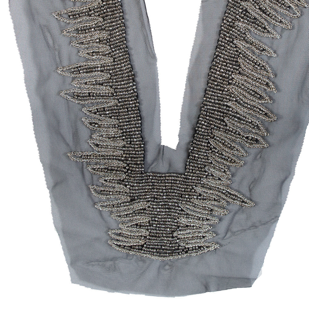 Italian Gunmetal Beaded Neckline Applique on Black Mesh - 13" x 1.5"