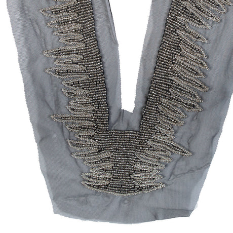 Italian Gunmetal Beaded Neckline Applique on Black Mesh - 13" x 1.5"
