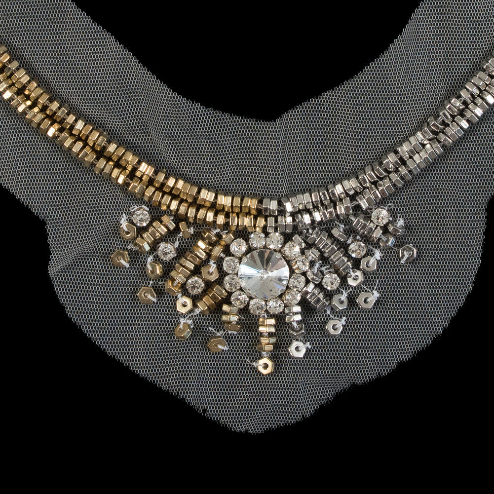 Italian Silver and Gold Beaded Rhinestone Neckline Applique on White Mesh