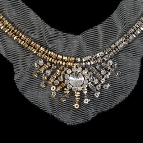 Italian Silver and Gold Beaded Rhinestone Neckline Applique on White Mesh