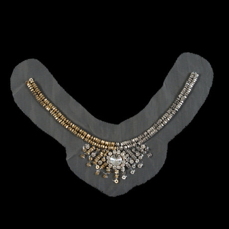 Italian Silver and Gold Beaded Rhinestone Neckline Applique on White Mesh