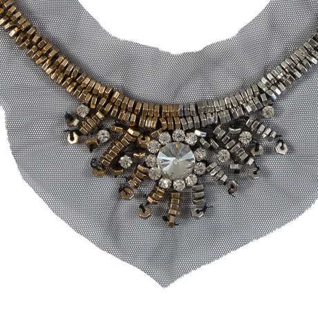 Italian Silver and Gold Beaded Rhinestone Neckline Applique on Black Mesh