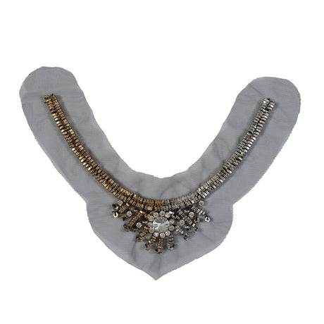 Italian Silver and Gold Beaded Rhinestone Neckline Applique on Black Mesh