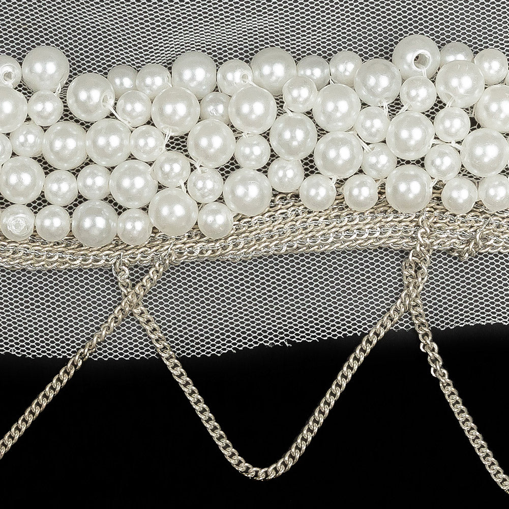 Italian White Beaded Mesh Trimming with Silver Metal Chains - 3.5"