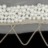 Italian White Beaded Mesh Trimming with Silver Metal Chains - 3.5"