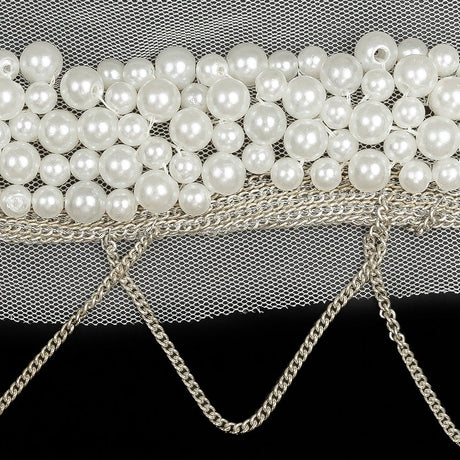 Italian White Beaded Mesh Trimming with Silver Metal Chains - 3.5"