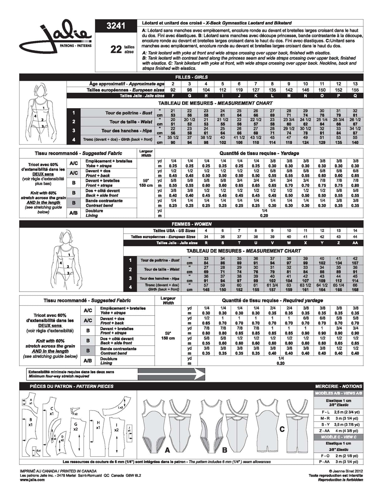 Sewing Pattern X-Back Gymnastics Leotards and Biketard by Jalie