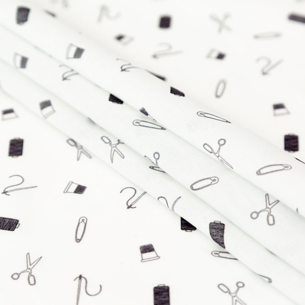 Egyptian Cotton Voile - White and Black Sewing Kit - Small Supplies Print - Mood Exclusive Haberdashery Collection